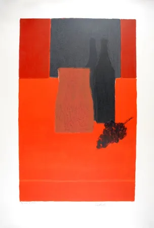 Литография Cathelin - Nature morte à la nappe rouge et à la grappe de raisin - Still Life with bunch of grapes on a red tablecloth