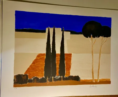 Литография Cathelin - Paysage aux cyprès