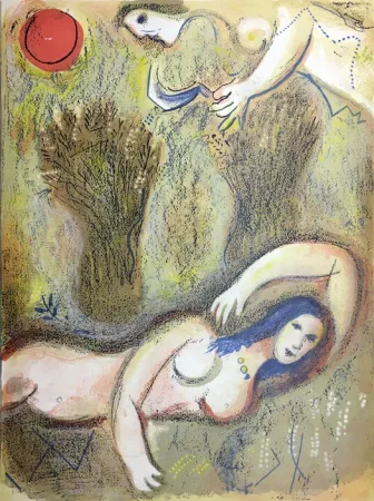 Литография Chagall - BOOZ SE RÉVEILLE ET VOIT RUTH À SES PIEDS (Dessins pour la Bible 1960)