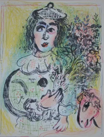 Литография Chagall - Clown avec des fleurs