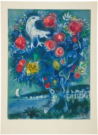 Литография Chagall - La baie des Anges au bouquet de roses (Angel Bay with a Boquet of Roses)