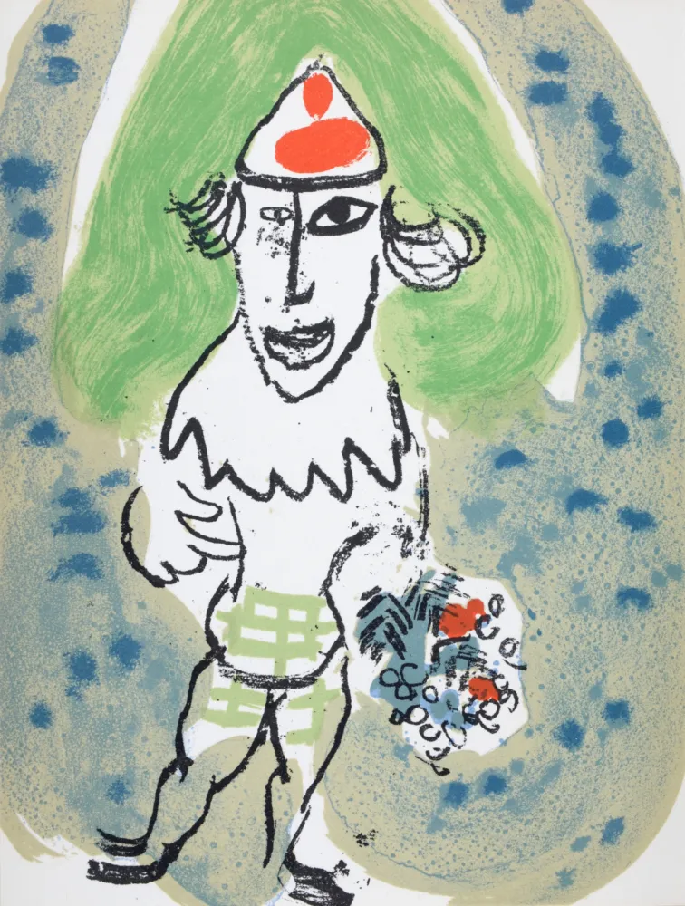 Литография Chagall - Le clown vert avec bouquet de fleurs, 1966