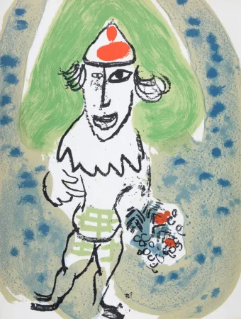 Литография Chagall - Le clown vert avec bouquet de fleurs, 1966