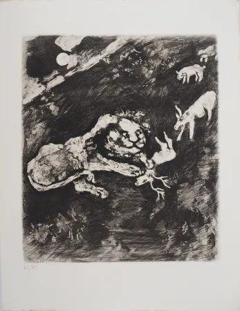 Гравюра Chagall - Le lion fourbe (La Génisse, la Chèvre, et la Brebis, en société avec le Lion)