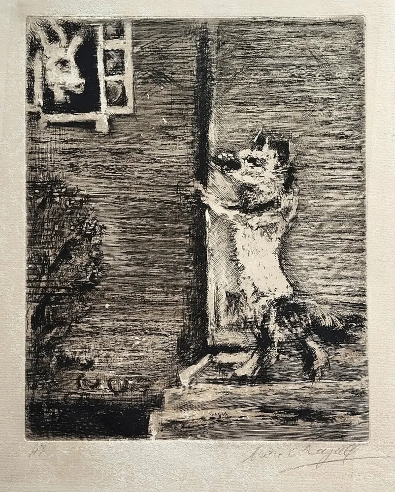 Офорт Chagall - Le Loup, La chevre, et le chevreau, from La Fontaine. Les fables
