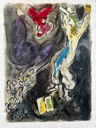 Литография Chagall -  Moses wrath waxed hote, and he cast the Tables out of his handes, and brake them in pieces beneath the mountaine
