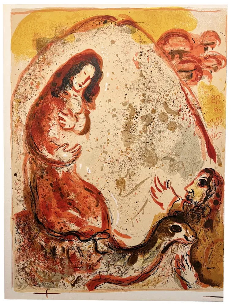 Литография Chagall - RACHEL DÉROBE LES IDOLES DE SON PÈRE (Dessins pour la Bible, 1960)