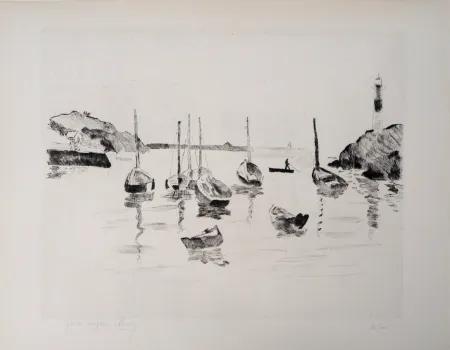 Гравюра Clairin - Marine et barques à Doëlan