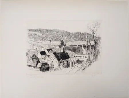 Гравюра Clairin - Paysage de campagne, village de Saint-Loup