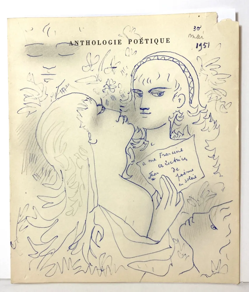 Нет Никаких Технических Cocteau - Dessin au stylo bleu et mine de plomb,