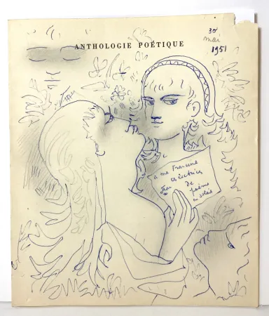 Нет Никаких Технических Cocteau - Dessin au stylo bleu et mine de plomb,