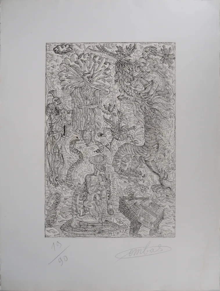 Гравюра Combas - Vital : Scène fantastique au dragon