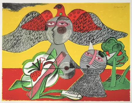 Цифровой Эстамп Corneille - Chat, Fleur et Oiseau, 1984, Tirage à 45 ex.