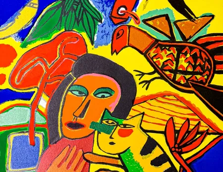 Литография Corneille - Corneille (1922–2010) – Vrouw, vogels en kat – Color lithograph on paper – 1996