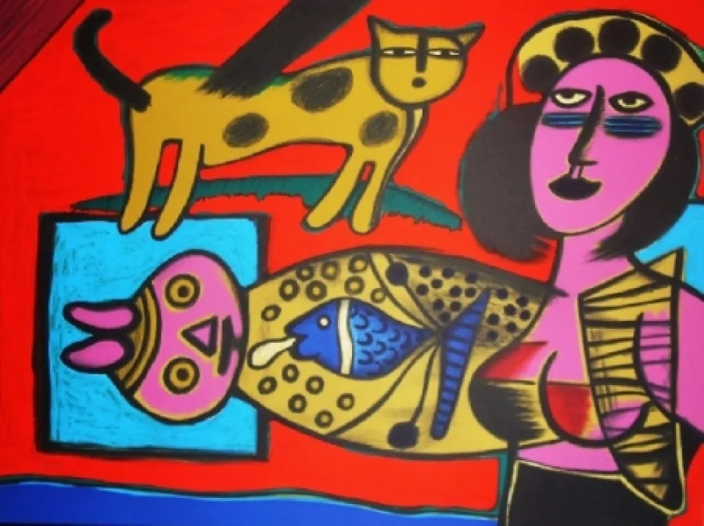 Литография Corneille - Femme et chat