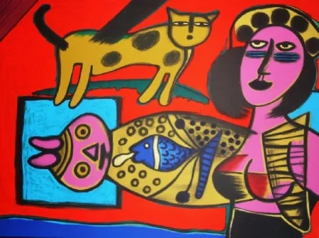 Литография Corneille - Femme et chat