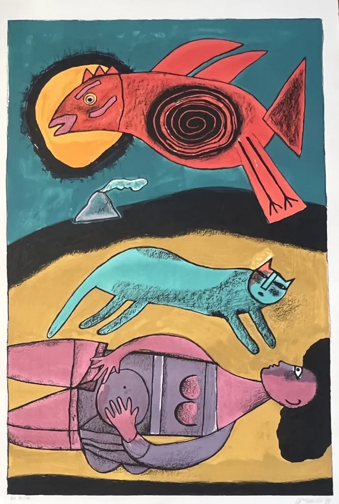 Литография Corneille - Grande lithographie encadrée Grand Oiseau du désert 1999