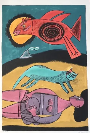 Литография Corneille - Grande lithographie encadrée Grand Oiseau du désert 1999