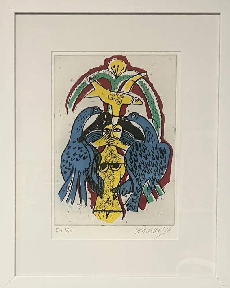 Гравюра Corneille - Gravure encadrée, Femme et oiseaux, EA 1/10, 1998