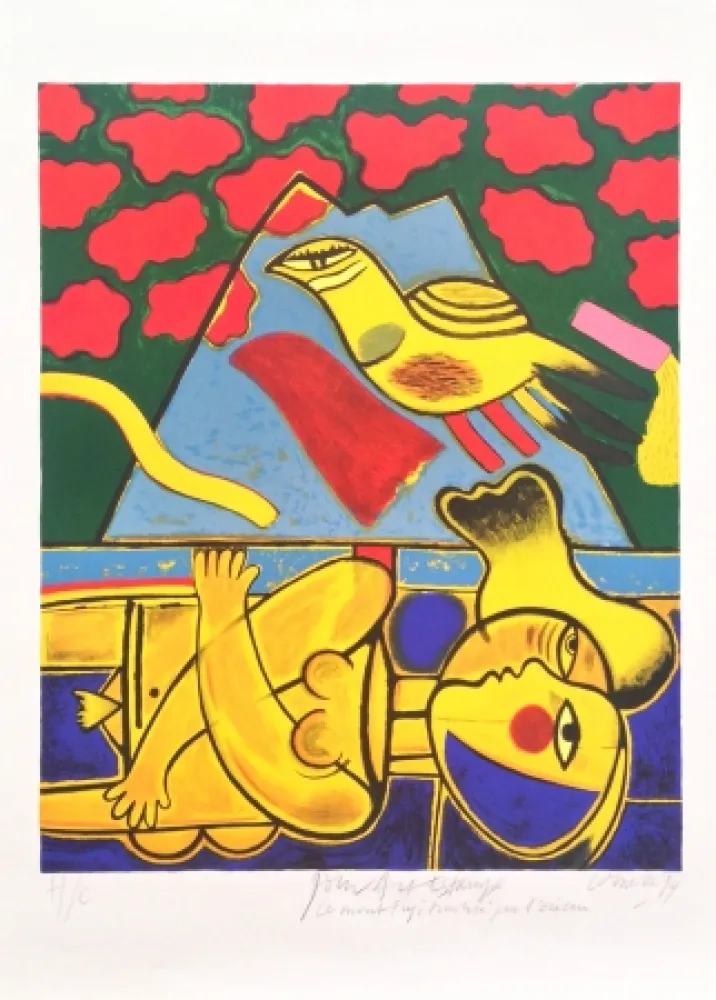 Литография Corneille - Le mont Fuji traversé par l'oiseau