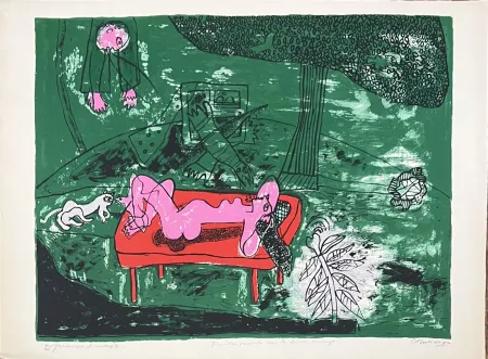 Литография Corneille - Lithographie ancienne Fenêtre ouverte sur le divan rouge,