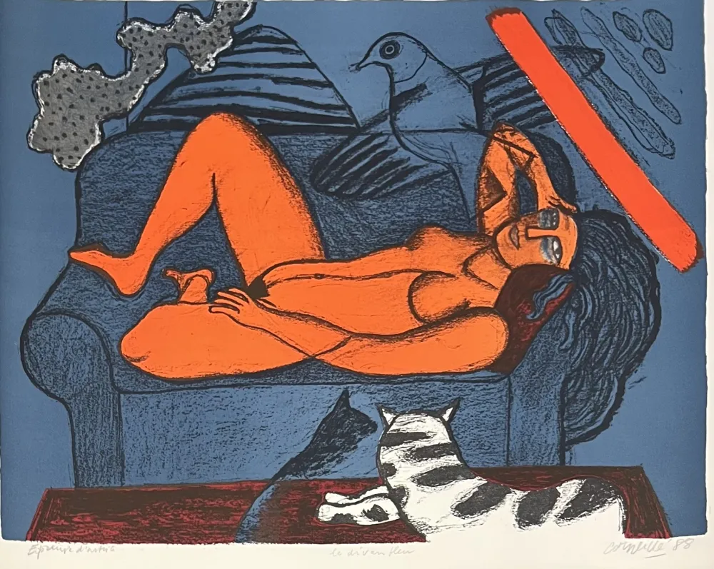 Литография Corneille - Lithographie ancienne Le divan bleu 1988