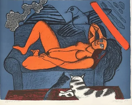 Литография Corneille - Lithographie ancienne Le divan bleu 1988