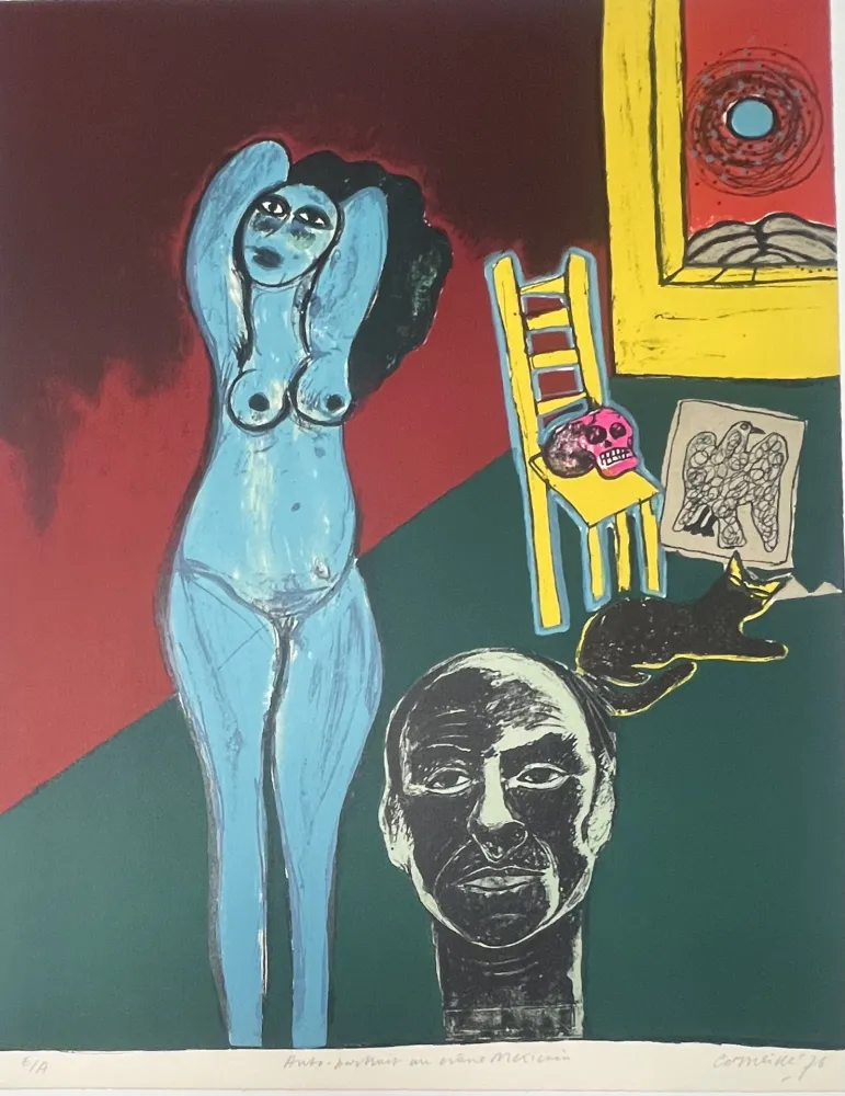 Литография Corneille -  Lithographie Autoportrait au crâne Mexicain 1976 E/A