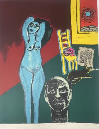 Литография Corneille -  Lithographie Autoportrait au crâne Mexicain 1976 E/A
