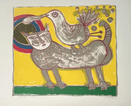 Литография Corneille -  Lithographie Chat et oiseau - Au coeur de l'été - 1990