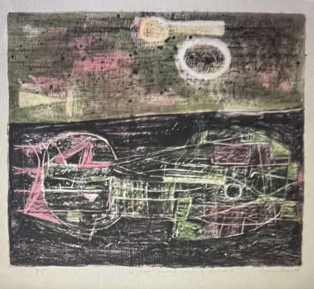 Литография Corneille -  Lithographie encadrée Chat couché dans le désert 1953