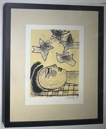 Литография Corneille - Lithographie encadrée Farandole d'oiseaux - A la plage 2002