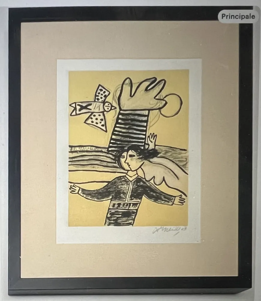 Литография Corneille - Lithographie encadrée Femme et oiseau  - A la plage 2002