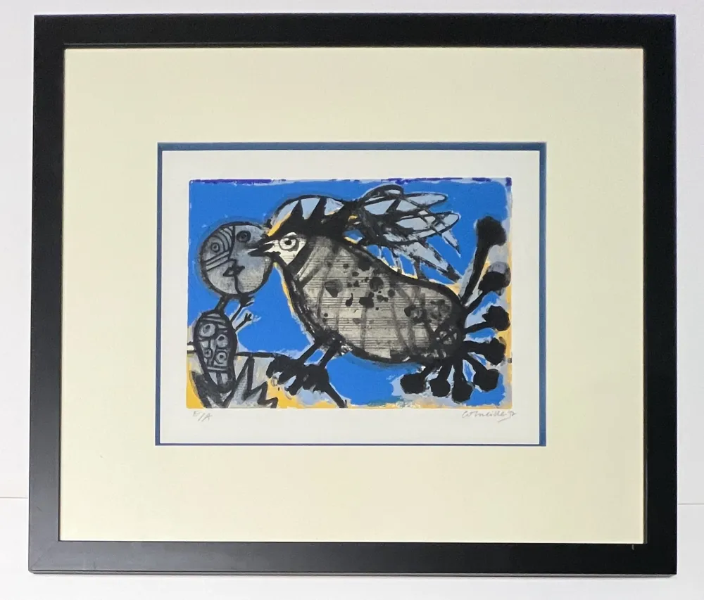Литография Corneille - Lithographie encadrée : l'oiseau musical, 1992
