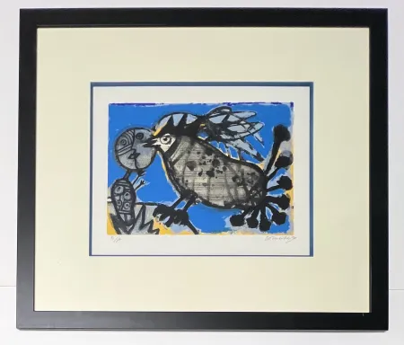 Литография Corneille - Lithographie encadrée : l'oiseau musical, 1992