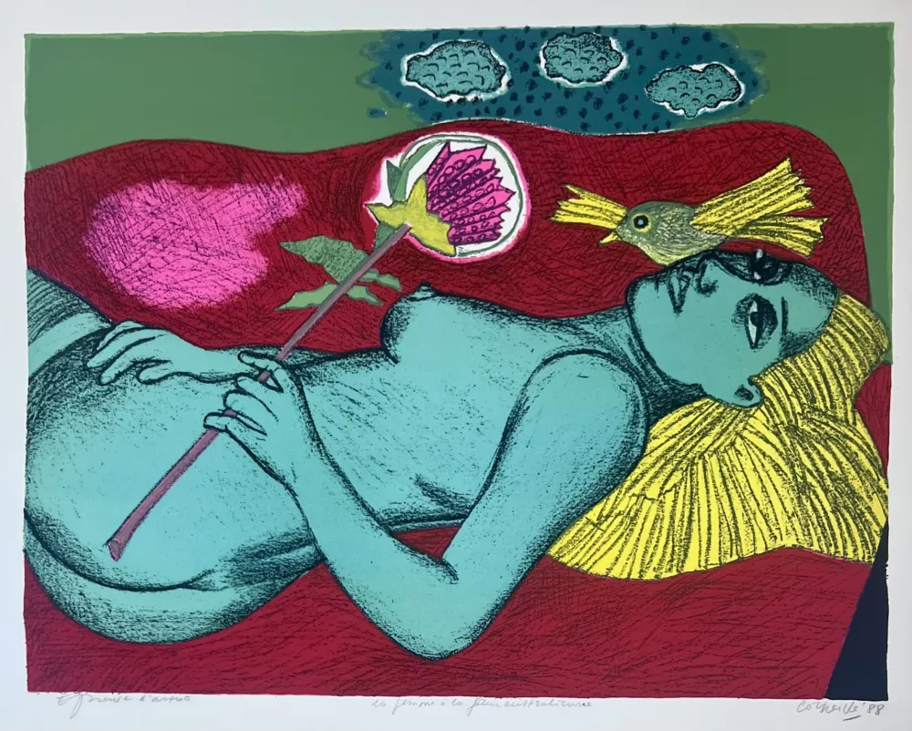 Литография Corneille - Lithographie Femme à la fleur australienne, 1988