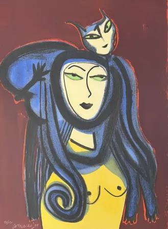 Литография Corneille - Lithographie Femme au chat 1998
