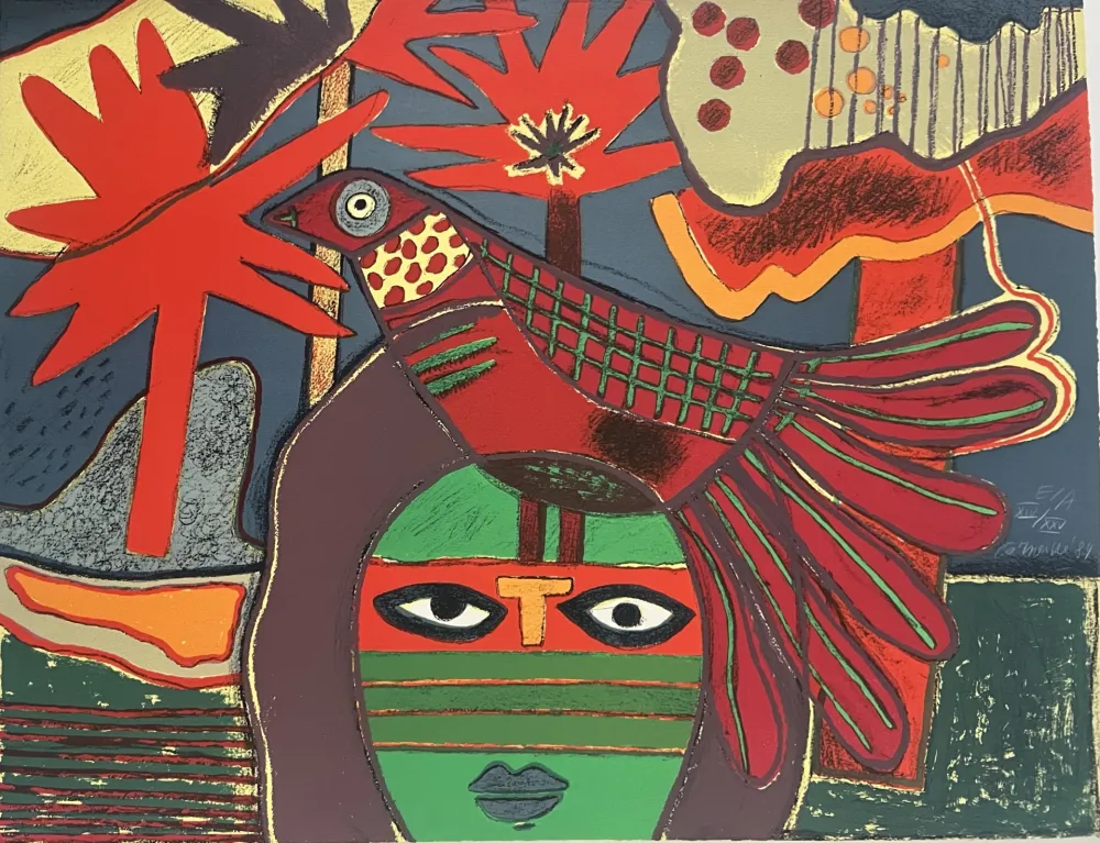 Литография Corneille - Lithographie Femme et Oiseau à l'arbre rouge 