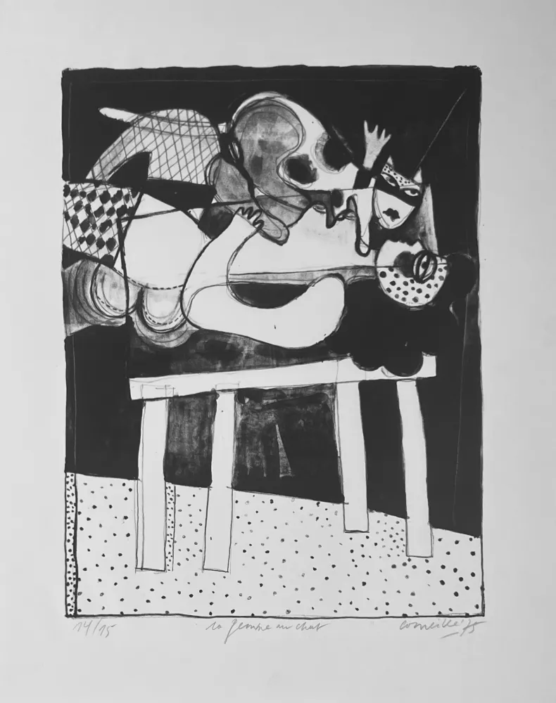 Литография Corneille - Rare lithographie La femme au chat, 1975 - 15 ex. 