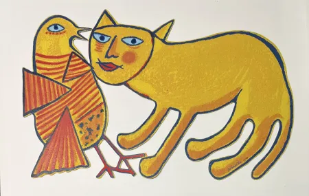 Многоэкземплярное Произведение Corneille - Sculpture en métal : Chat et oiseau