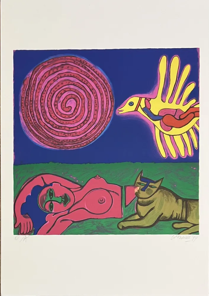 Сериграфия Corneille - Sérigraphie Femme, Chat et oiseau, 1994