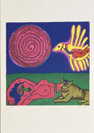 Сериграфия Corneille - Sérigraphie Femme, Chat et oiseau, 1994