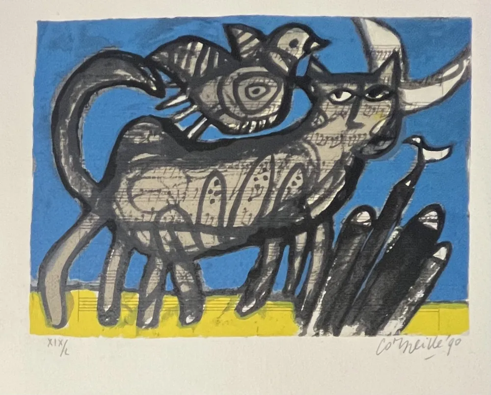 Сериграфия Corneille - Sérigraphie signée, Chat sur partition de musique , 1990