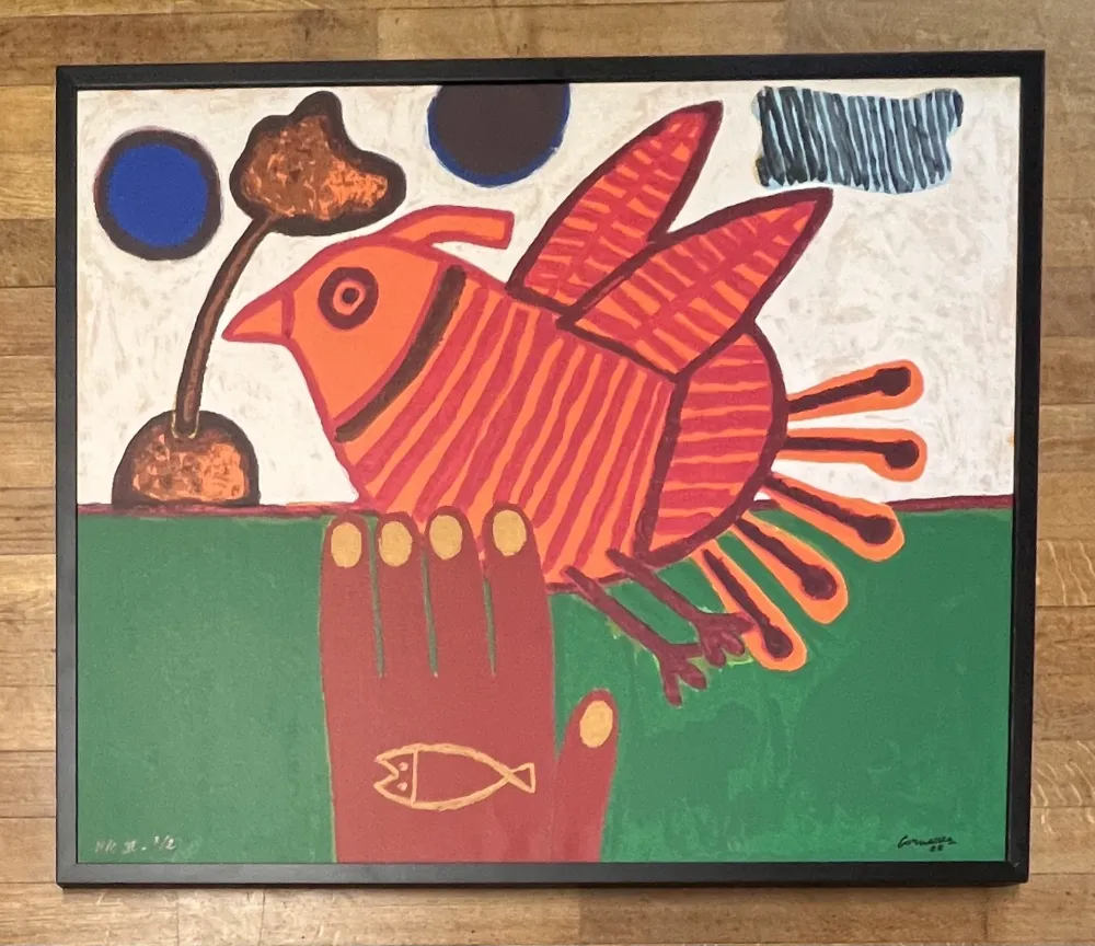 Сериграфия Corneille - Sérigraphie sur toile signée Oiseau Libre Cobra - Encadrée