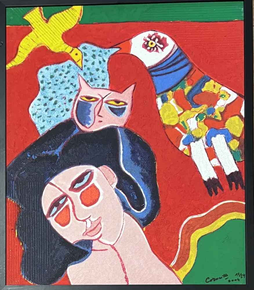 Многоэкземплярное Произведение Corneille - Terragraphie signée sur toile Femme Chat Oiseau