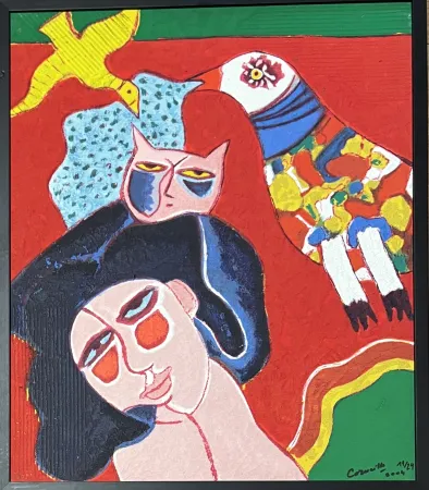 Многоэкземплярное Произведение Corneille - Terragraphie signée sur toile Femme Chat Oiseau