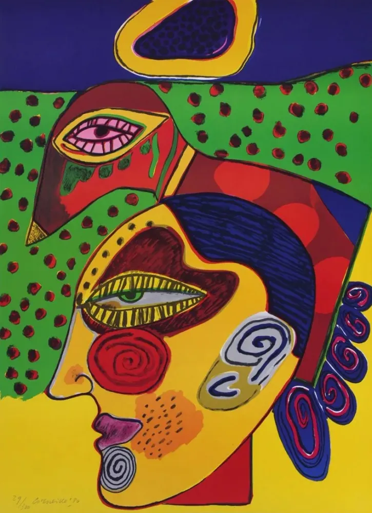 Литография Corneille - Tête de femme et oiseau pensif