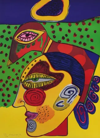 Литография Corneille - Tête de femme et oiseau pensif