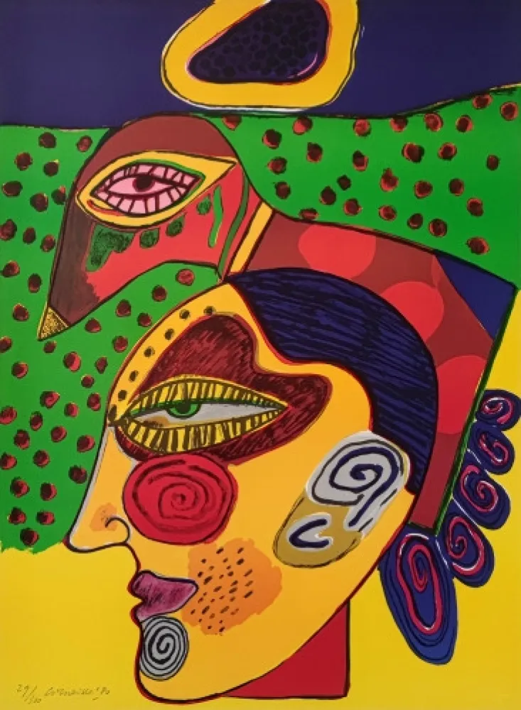 Литография Corneille - Tête de femme et oiseau pensif