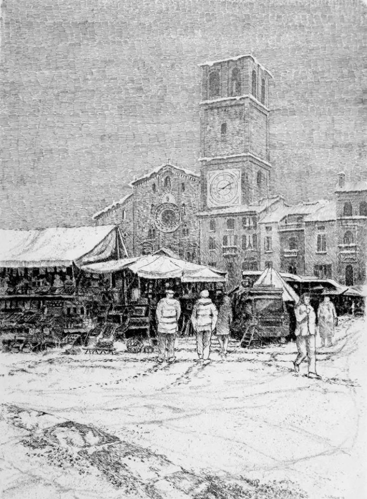 Офорт Cotugno  - Bancarelle al mercato a Lodi